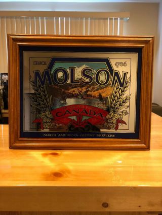 Molson Beer Bar Mirror Sign Framed Canada Beer Mountains Blue & Red 20 " X 16 "