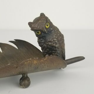 Antique Pen Holder Metal Owl Feather Ball Claw Foot Tray Dish Desk Art Object 2