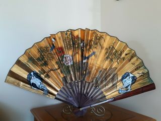 Japanese Chin Large Hand Painted Gold Fan With Bamboo Wood.