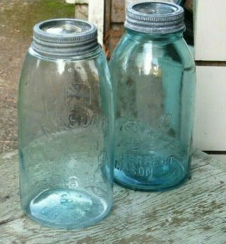 2 Vintage Half Gallon Green Glass Ball & Aqua Mason 