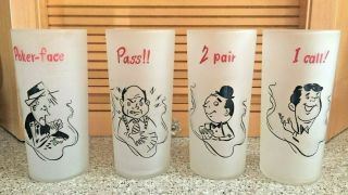 4 Vintage Gay Fad " Poker " Frosted Bar Cocktail Glasses Tumblers