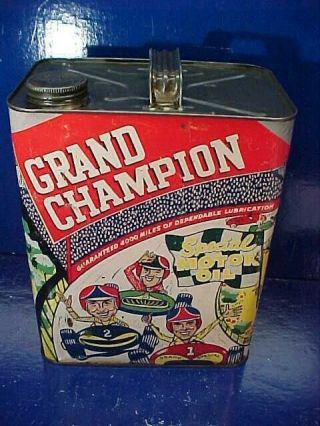 1950s Grand Champion 2 Gallon Motor Oil Advertising Tin W Race Car Graphics Etc