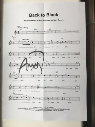 Amy Winehouse Hand Signed Autograph Music Sheet ‘back To Black’