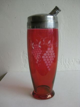 Antique Art Deco Bohemian Cut Etched Ruby Red Glass Cocktail Shaker W/grapes