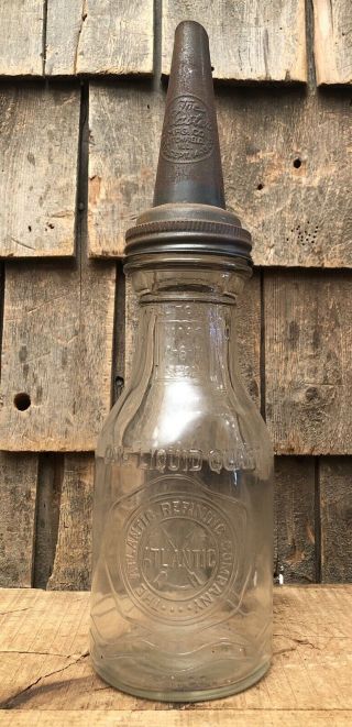 1928 Atlantic Refining Gas Station Quart Oil Glass Bottle & Spout