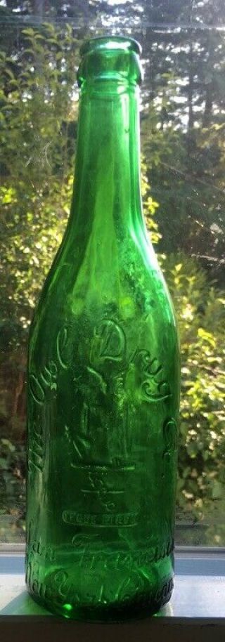 Rare Emerald Green Owl Drug Pharmacy Bottle San Francisco Two Wing Crown Cap