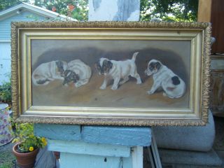 1880s Puppy Dog St.  Bernard Puppies Painting Antique 1884 Lemon Gold Frame Old