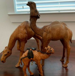 3 Vintage Boho Leather Moroccan Camel Figurines,  Animal/safari - 2 Adult,  1 - Baby