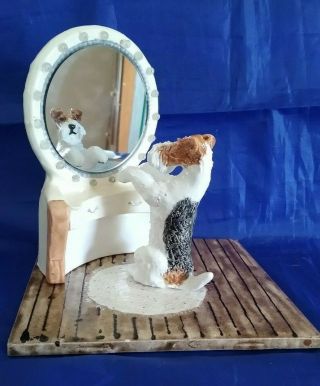 Wire Fox Terrier Dog & Vanity Desk Ceramic Sculpture Figurine Statue Signed Ooak
