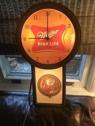 Vtg 1999 Miller High Life Beer Lighted Clock/light/sign Lady On The Moon