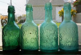 4 Aqua & Green Johnston Co Philadelphia Squat Soda Beer Ale Bottle One Bid Buys