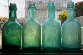 4 Aqua & Green Johnston Co Philadelphia Squat Soda Beer Ale Bottle One Bid Buys 2