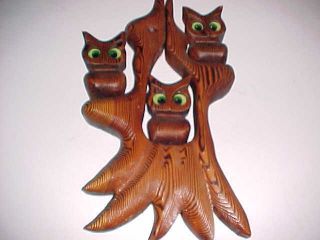 Three Night Owls Green Eyes Perched On Tree Handmade Wood Carving Wall Hanger