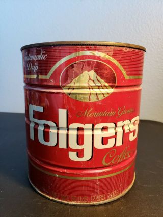 Vintage Folgers Coffee Tin Can 2lb Mountain Grown Coffee 39oz 1984