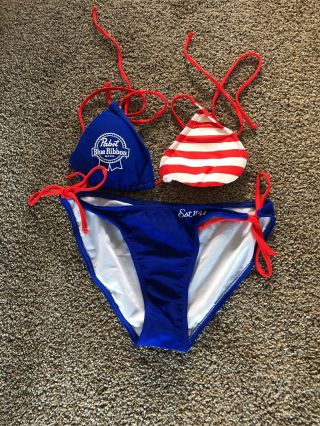 (l@@k) Pabst Blue Ribbon Milwaukee Beer Red White Blue Women’s Bikini Set Size L