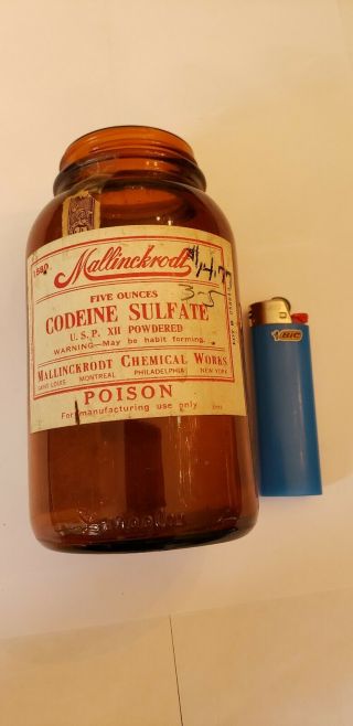 Vintage Narcotics Bottle - Codeine Sulfate - Mallinckrodt Chemical - 5 Oz