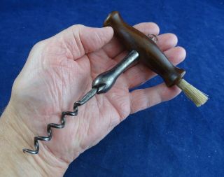 Very Handsome Antique Dogtooth Type Corkscrew With Ring & Brush