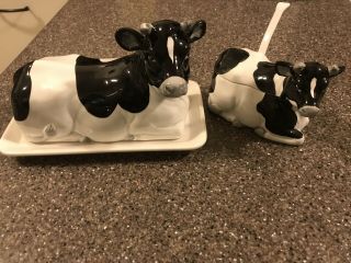Otagiri Black & White Cow Butter Dish And Sugar Or Jam Dish With Lid & Spoon