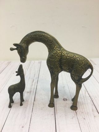 Vtg Leonard Silver Co.  Set Of Two Solid Brass Mother And Baby Giraffe 9  tall 2