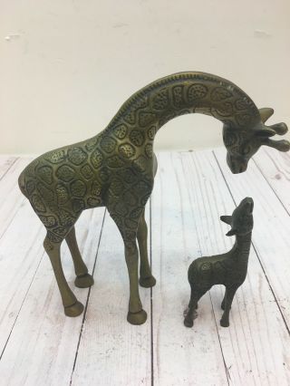 Vtg Leonard Silver Co.  Set Of Two Solid Brass Mother And Baby Giraffe 9  tall 3