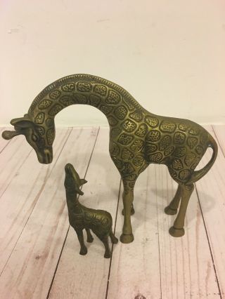 Vtg Leonard Silver Co.  Set Of Two Solid Brass Mother And Baby Giraffe 9  tall 5