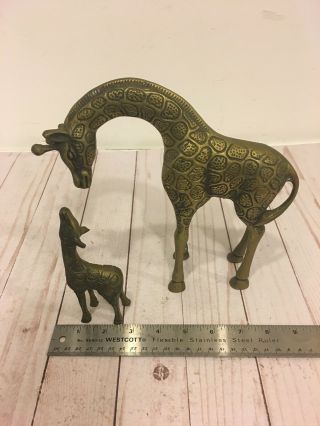 Vtg Leonard Silver Co.  Set Of Two Solid Brass Mother And Baby Giraffe 9  tall 7