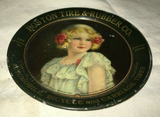 ANTIQUE BOSTON TIRE RUBBER TIP TRAY TIN LITHO SIGN AUTO BICYCLE CARRIAGE GAS OIL 3
