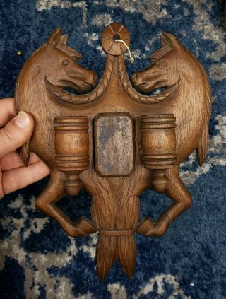 Carved Wood Equestrian Folk Art Wall Mount Double Match Safe Late 19th C or 20th 2