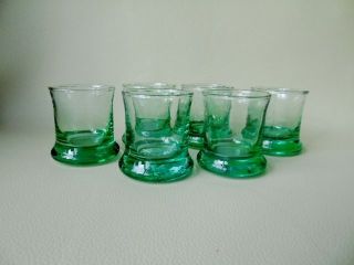 Vintage Set Of Six Hand Blown Green Tint Heavy Shot Glasses