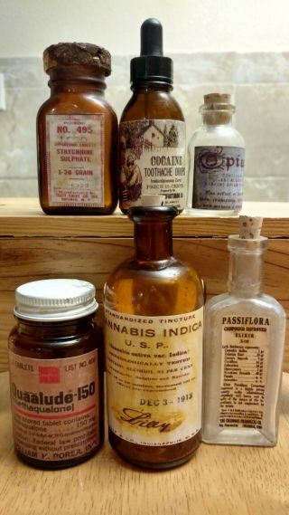 Old Medicine Bottle Hand Crafted,  Opium,  Quaalude,  Cannabis,  Cocaine,  Passiflora