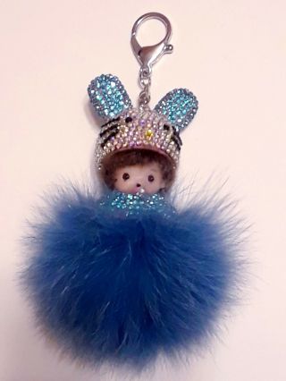 Hello Kitty Monchichi Aqua Blue Fuzzy Sparkly Keychain Rhinestones Crystals 5 "