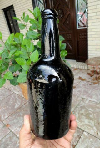 Early Crude Olive Black Glass Blown Applied Top & Pontil Whiskey Bottle 1830 