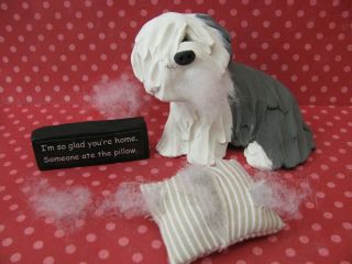 Handsculpted Old English Sheepdog Guilty Dog Figurine 3 Piece