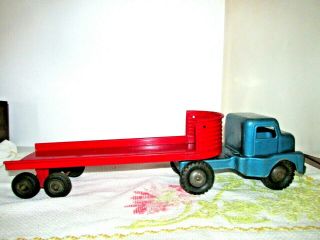 Vintage Structo Semi Blue Tractor & Red Flat Bed Trailer Very Good Usa No Dents