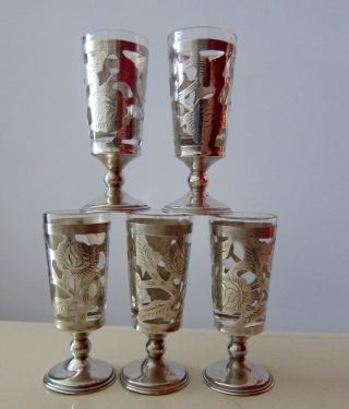 5 Glass & Sterling Silver Shot Glasses.  925 Mexico