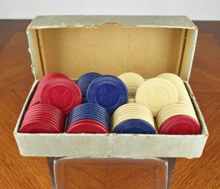 Vintage Peau Doux Red Blue White Boston Terrier Clay Poker Chips Set Of 97