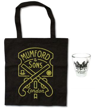 Mumford & Sons 2 - Pc Set: " Gun Seal " Blk Tote Bag,  " Horses " Shot Glass And