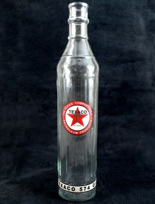 Texaco T Motor Oil Clear 15 " Glass Bottle 1 Quart Fill To Line & Arrow