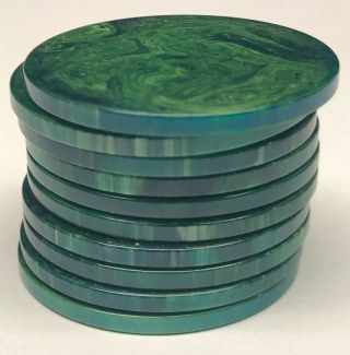 Group Of 10 Vintage Blue/green Catalin Bakelite Poker Chip Marble Swirl Marbling