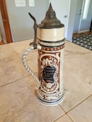 Large Antique German Beer Stein Authentic Attached Lid