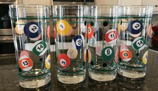 Set Of 4 Vintage Billiard Ball/pool High Ball Drinking Glasses 6 1/4” Tall