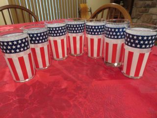 7 Vtg Hazel Atlas Continental Can Co Red White Blue Flag 5 " Glass Tumblers 10 Oz