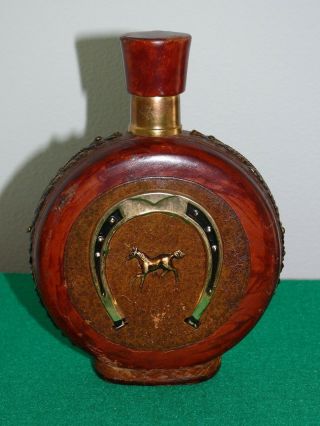 Vintage Leather Wrapped Bottle Decanter Made In Italy Horse,  Green Glass