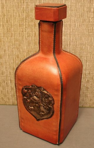 Vintage Leather Wrapped Glass Decanter With Embossed Lion Crest Made In Italy