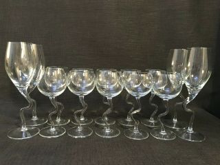 Set Of 14 Twisted Bent Z Stem Wine Glasses