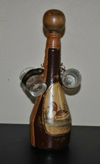Italy Set Bottle,  2 Glasses Glass Leather Wrapped Duck Vintage Liquor Decanter