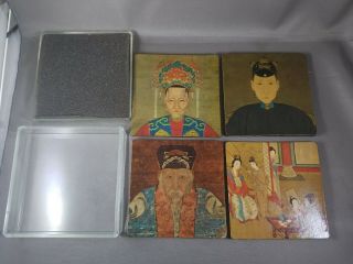 Vintage Neiman Marcus Japanese Art Wood Coasters With Case,  Set Of Four