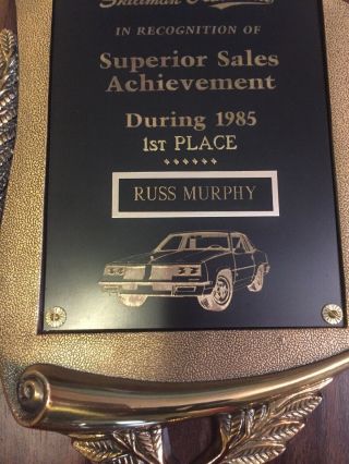 1985 Oldsmobile Cutlass Salesman Award Plaque Stuart Skillman 2