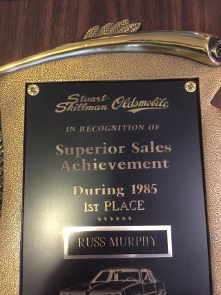 1985 Oldsmobile Cutlass Salesman Award Plaque Stuart Skillman 3