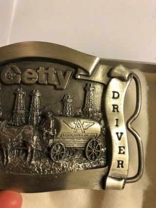 Vintage Getty Safe Driver Pewter Belt Buckle Horse Drawn Oil Tanker Wagon DP8 6